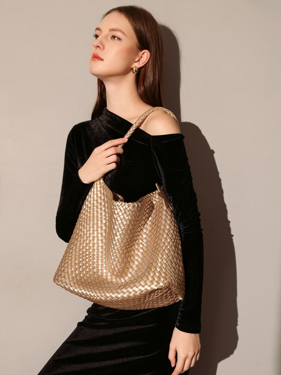 Lumière Woven Metallic Leather Hobo Tote – Handcrafted Champagne Shoulder Bag with Star Charm