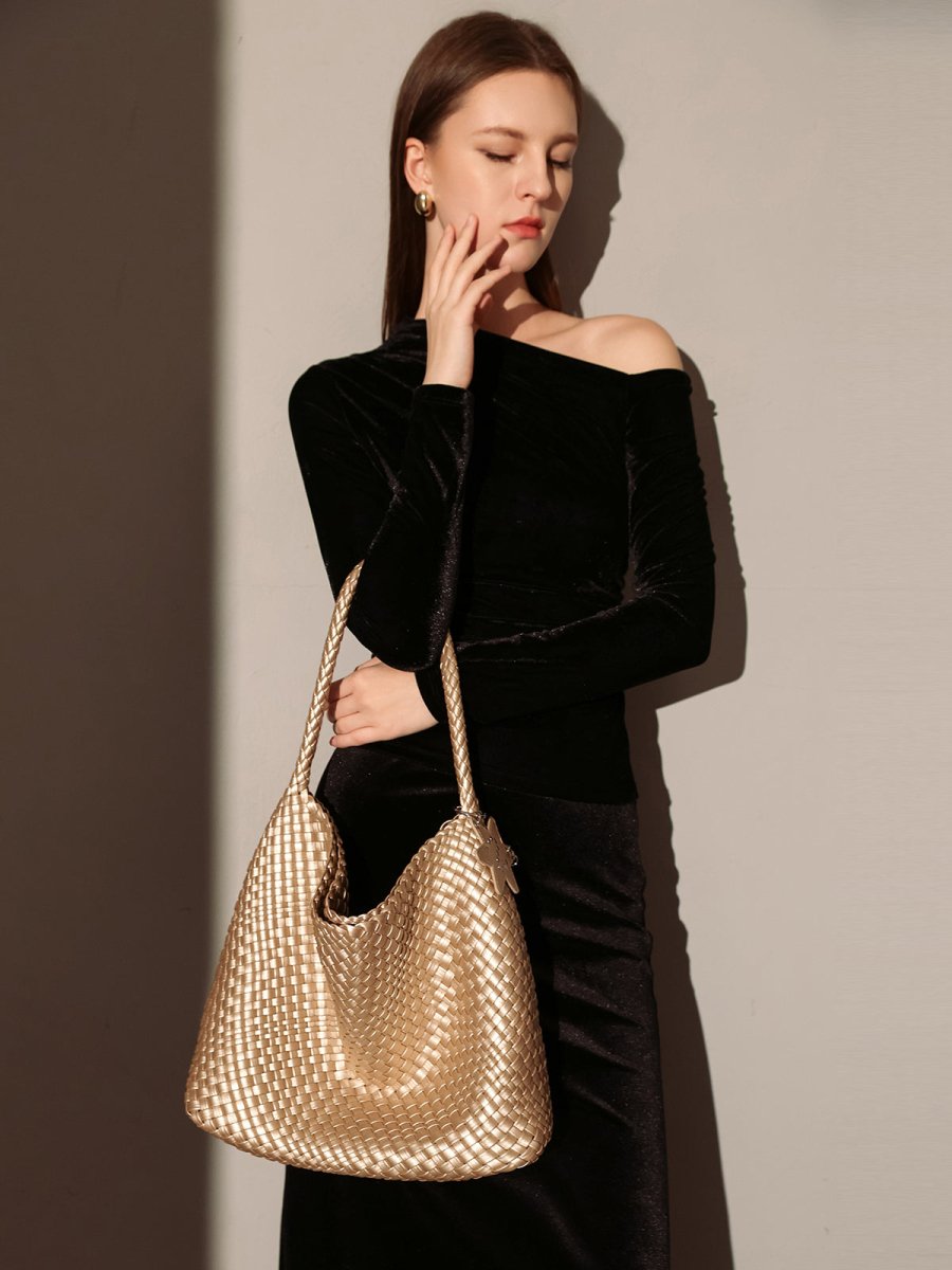Lumière Woven Metallic Leather Hobo Tote – Handcrafted Champagne Shoulder Bag with Star Charm
