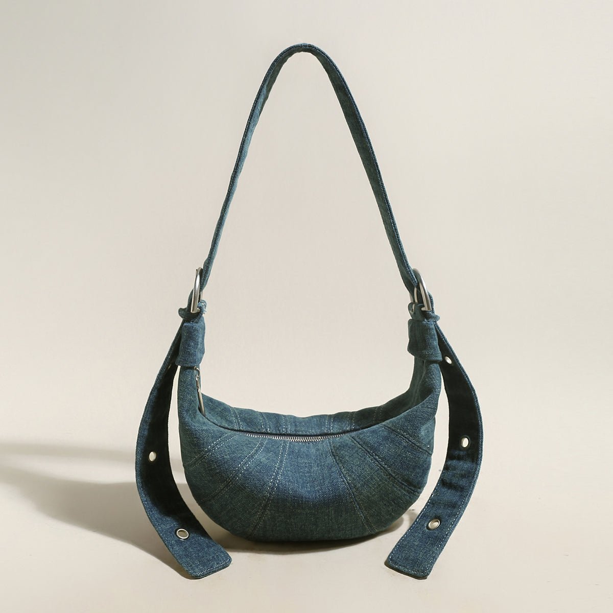 Luna Denim Crescent Shoulder Bag – Sculptural Y2K Hobo Bag with Adjustable Grommet Strap