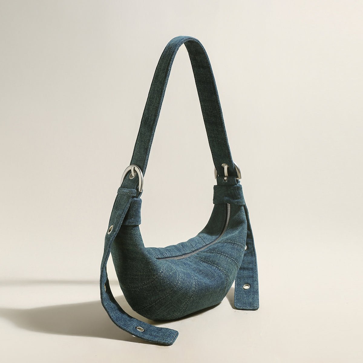 Luna Denim Crescent Shoulder Bag – Sculptural Y2K Hobo Bag with Adjustable Grommet Strap