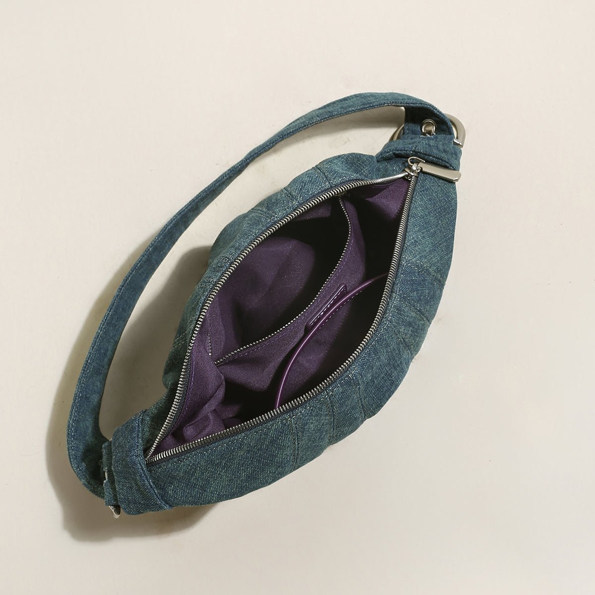 Luna Denim Crescent Shoulder Bag – Sculptural Y2K Hobo Bag with Adjustable Grommet Strap