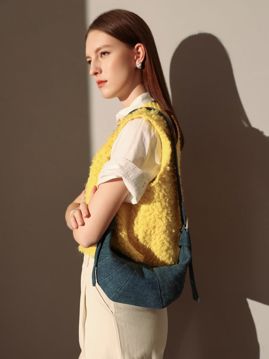 Luna Denim Crescent Shoulder Bag – Sculptural Y2K Hobo Bag with Adjustable Grommet Strap