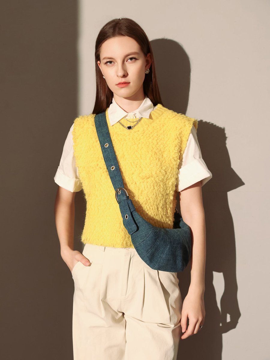 Luna Denim Crescent Shoulder Bag – Sculptural Y2K Hobo Bag with Adjustable Grommet Strap