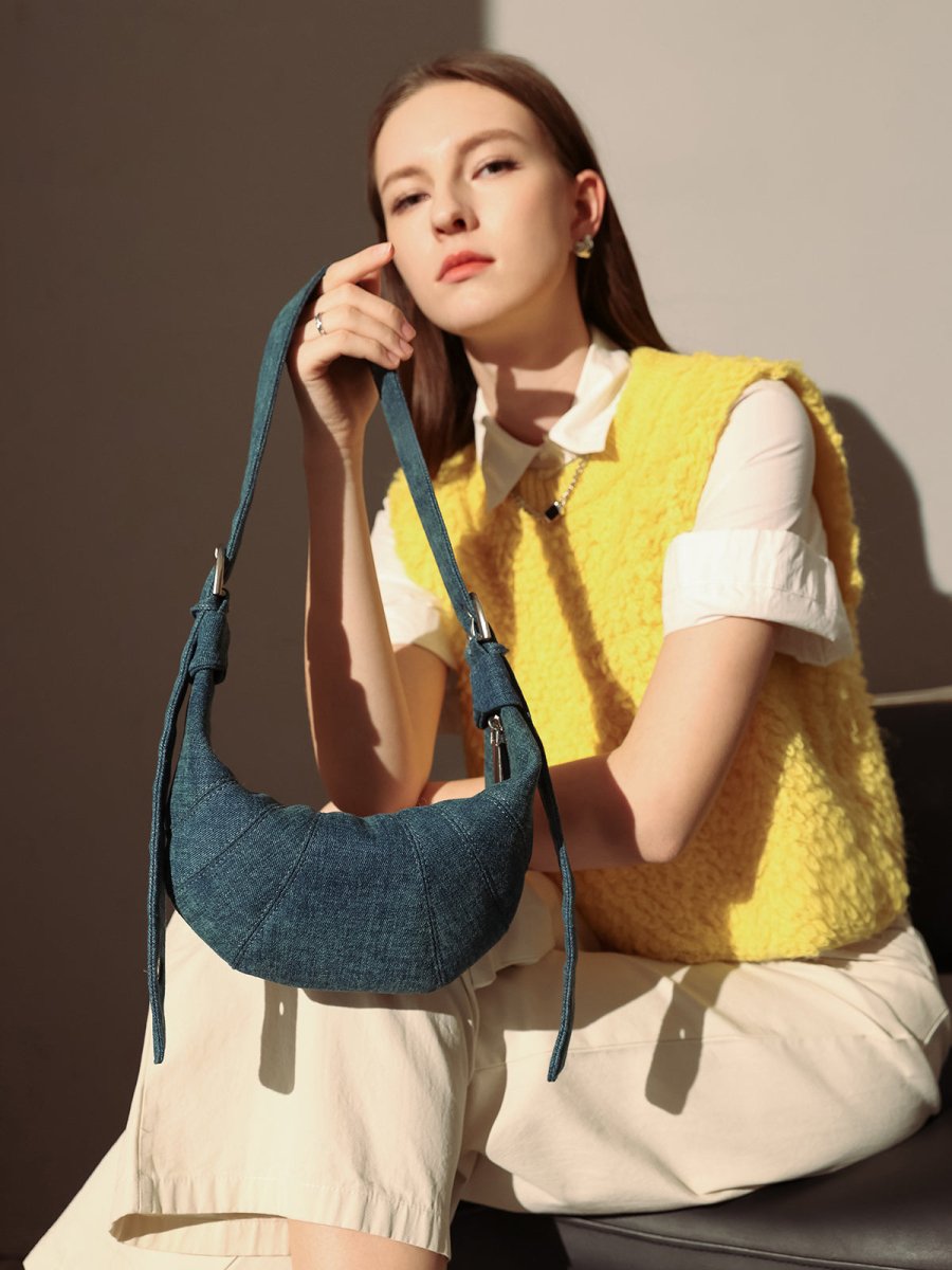 Luna Denim Crescent Shoulder Bag – Sculptural Y2K Hobo Bag with Adjustable Grommet Strap