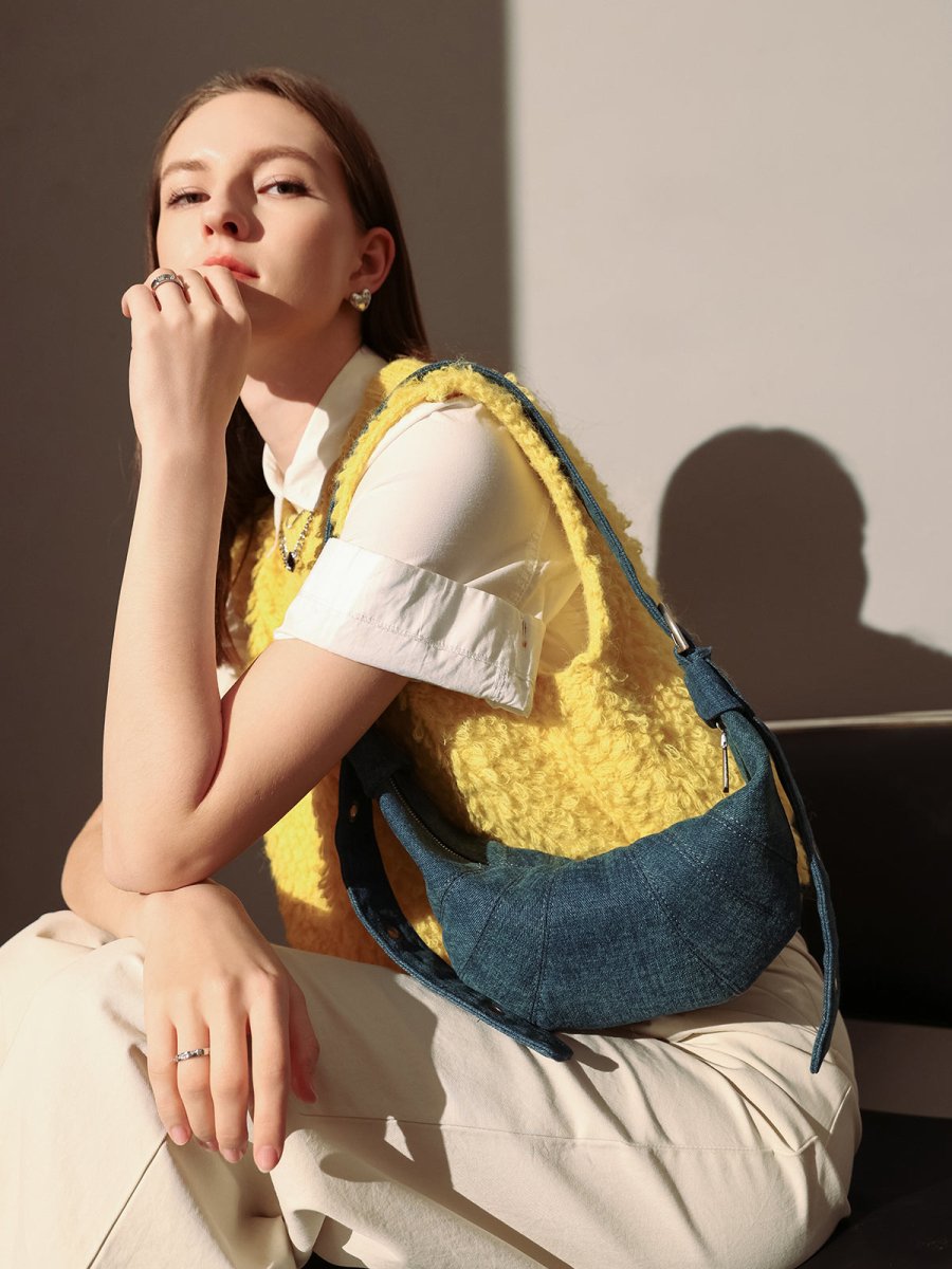 Luna Denim Crescent Shoulder Bag – Sculptural Y2K Hobo Bag with Adjustable Grommet Strap