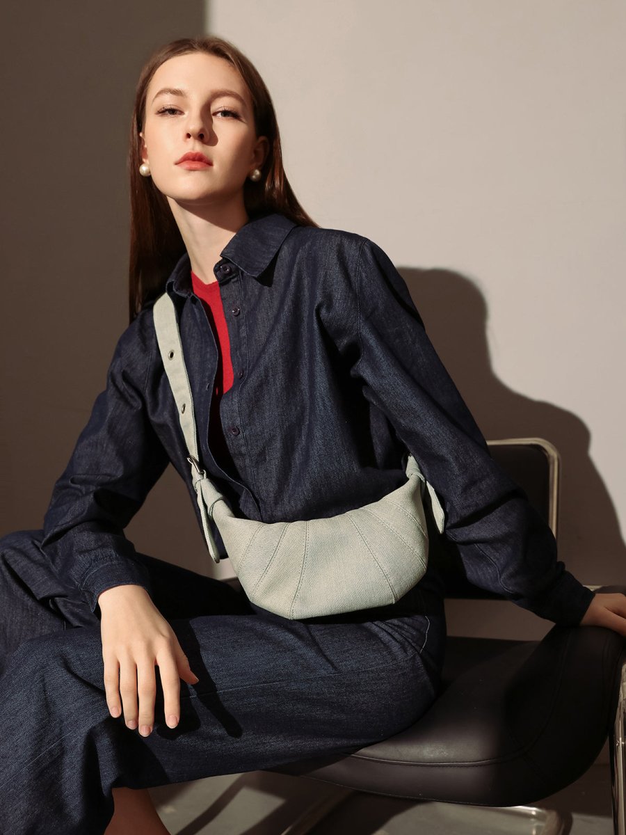 Luna Denim Crescent Shoulder Bag – Sculptural Y2K Hobo Bag with Adjustable Grommet Strap