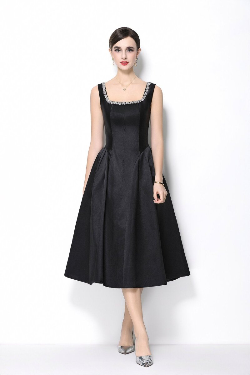 Luxe Crystal Trim Square Neck Midi Dress