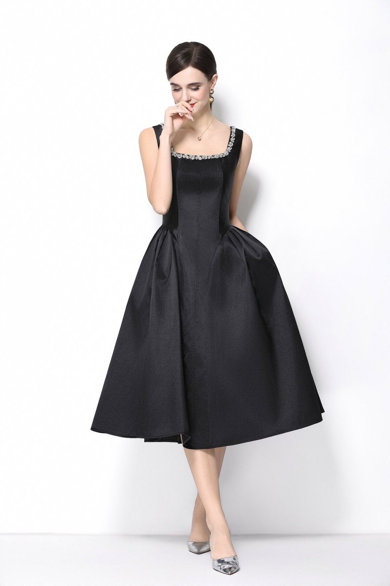 Luxe Crystal Trim Square Neck Midi Dress