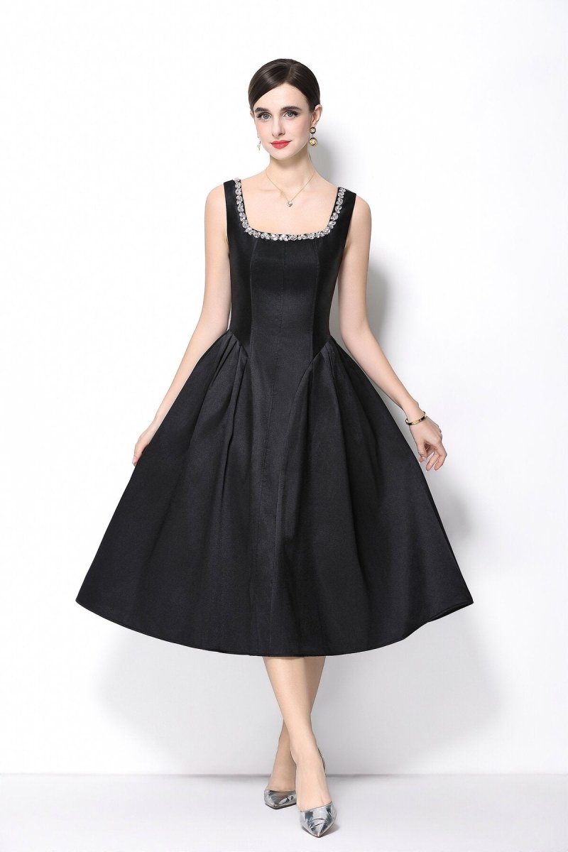 Luxe Crystal Trim Square Neck Midi Dress