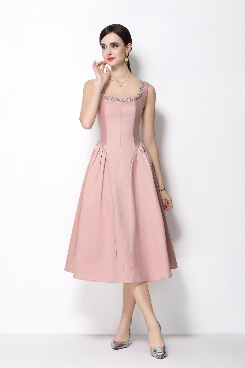 Luxe Crystal Trim Square Neck Midi Dress