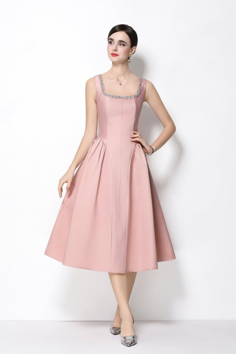 Luxe Crystal Trim Square Neck Midi Dress