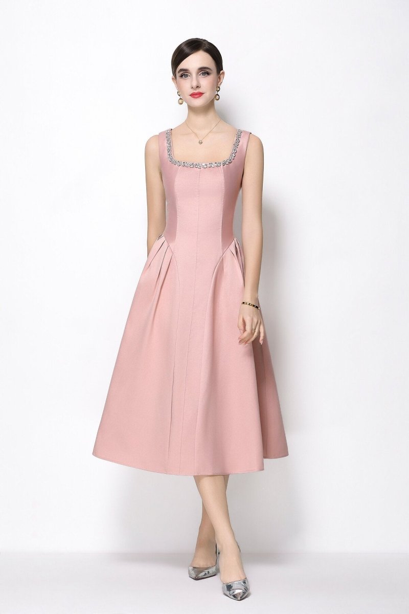 Luxe Crystal Trim Square Neck Midi Dress