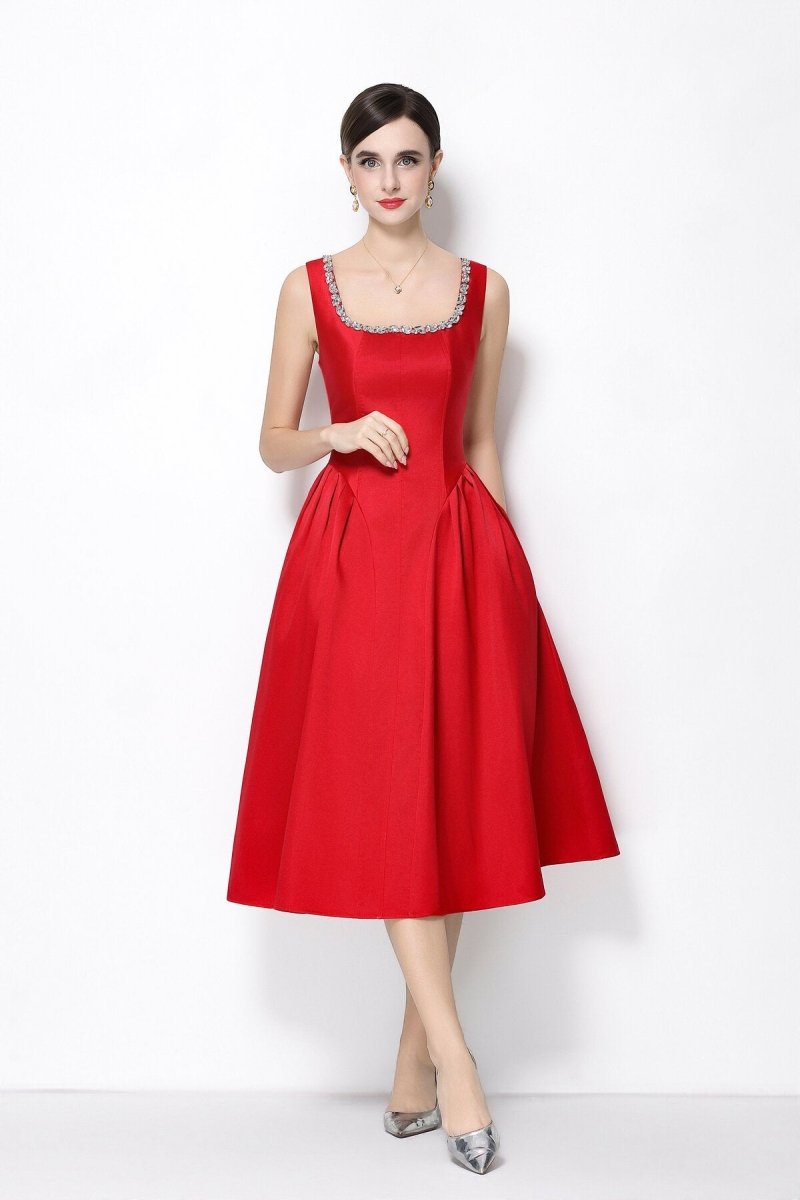 Luxe Crystal Trim Square Neck Midi Dress