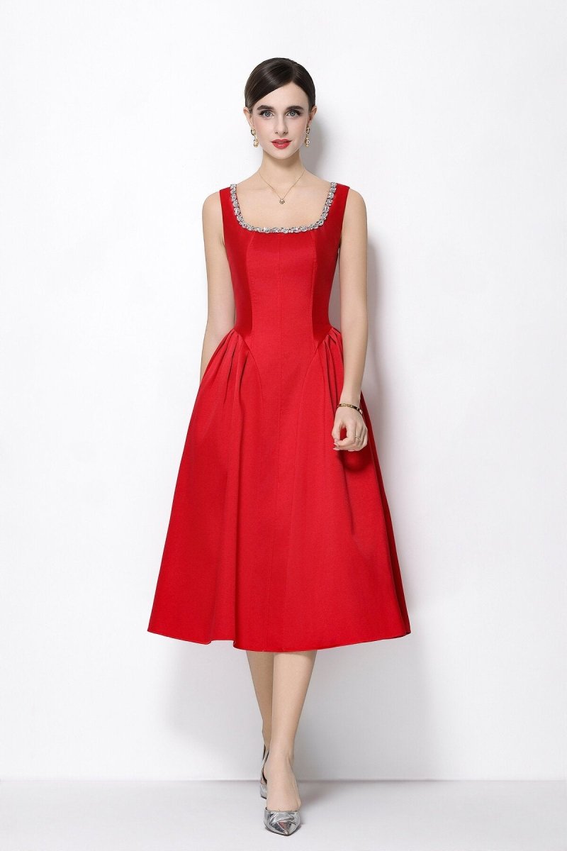 Luxe Crystal Trim Square Neck Midi Dress