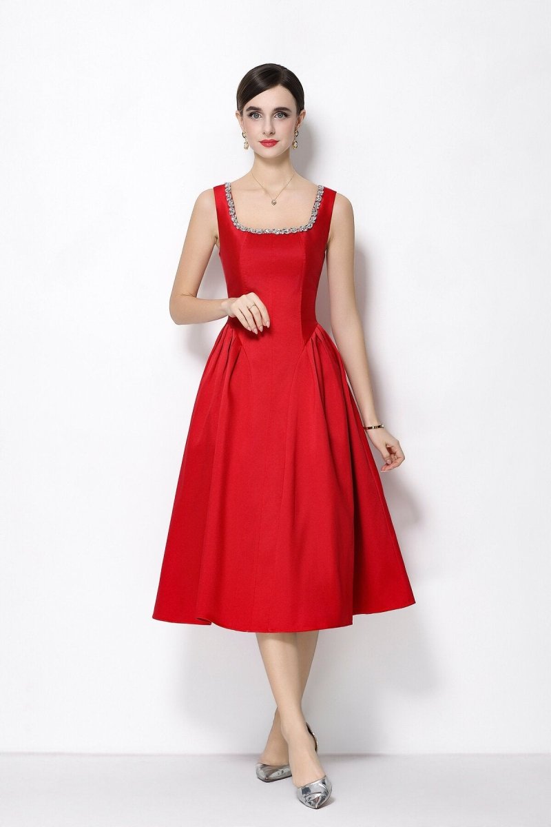 Luxe Crystal Trim Square Neck Midi Dress