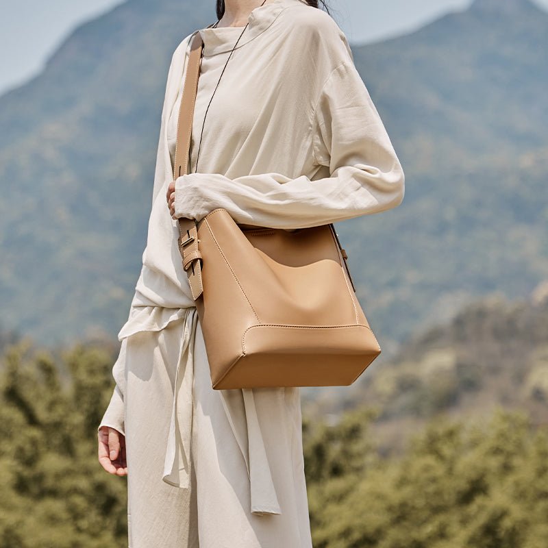 Luxe Genuine Leather Bucket Tote Shoulder Bag