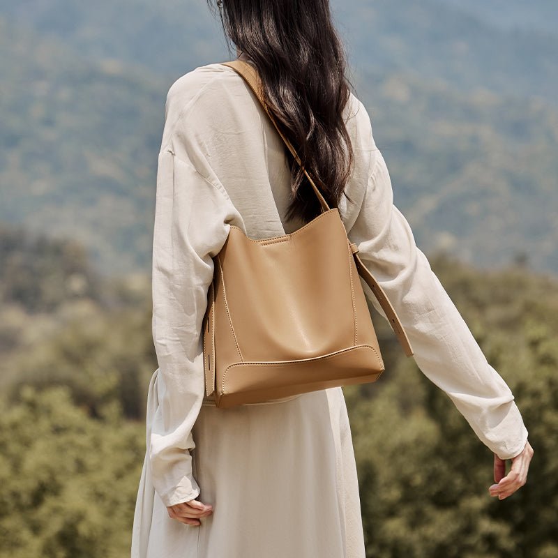 Luxe Genuine Leather Bucket Tote Shoulder Bag
