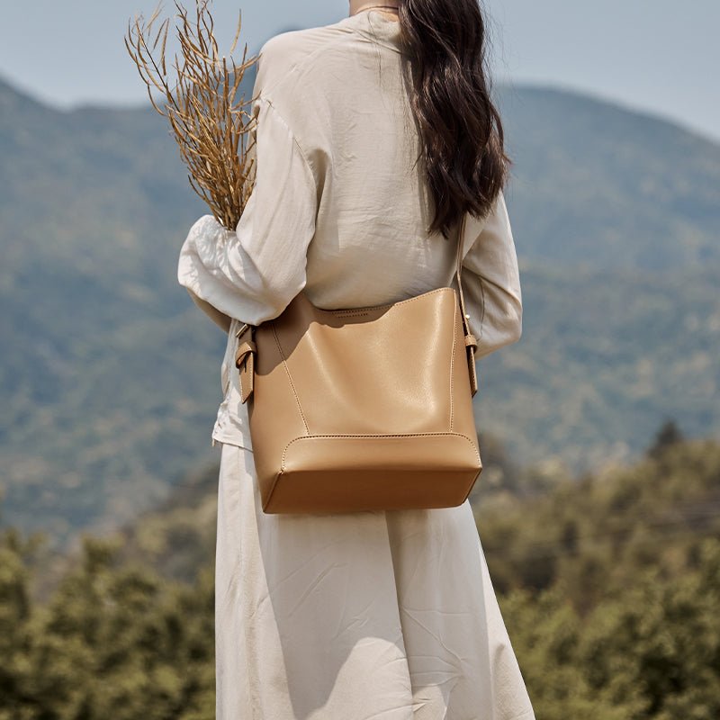 Luxe Genuine Leather Bucket Tote Shoulder Bag