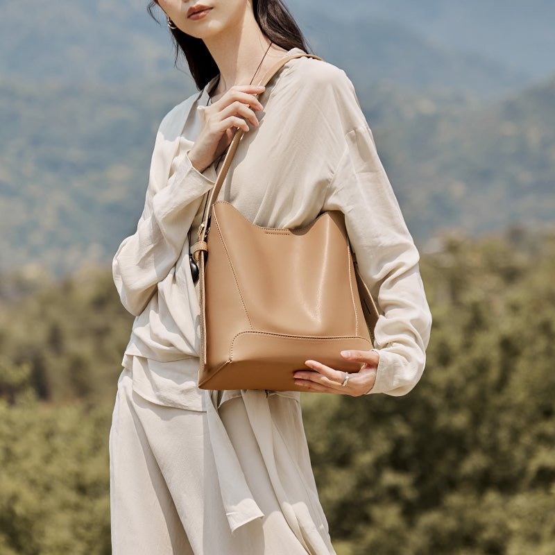 Luxe Genuine Leather Bucket Tote Shoulder Bag