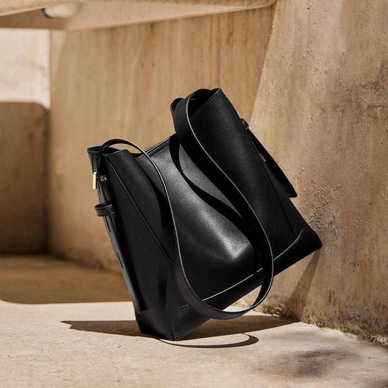 Luxe Genuine Leather Bucket Tote Shoulder Bag