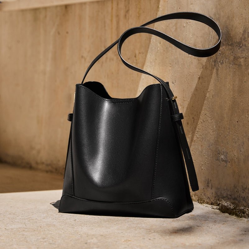 Luxe Genuine Leather Bucket Tote Shoulder Bag