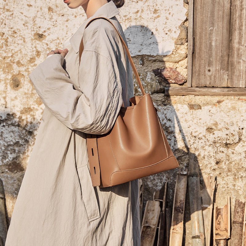 Luxe Genuine Leather Bucket Tote Shoulder Bag