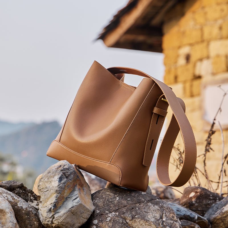 Luxe Genuine Leather Bucket Tote Shoulder Bag