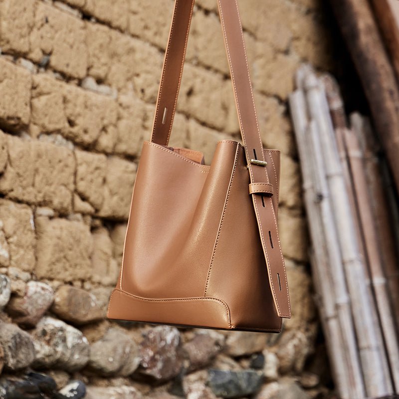 Luxe Genuine Leather Bucket Tote Shoulder Bag