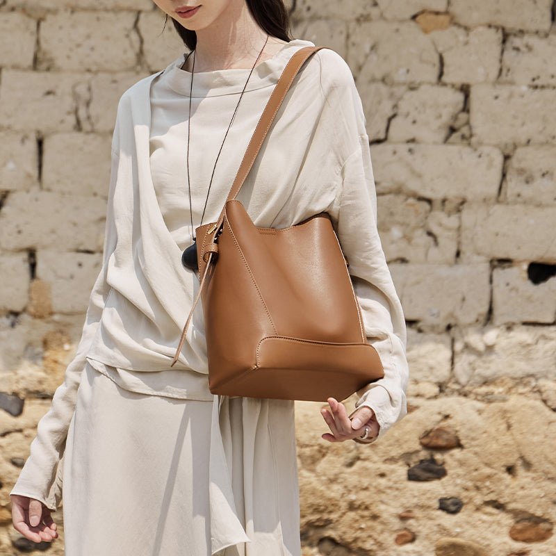 Luxe Genuine Leather Bucket Tote Shoulder Bag