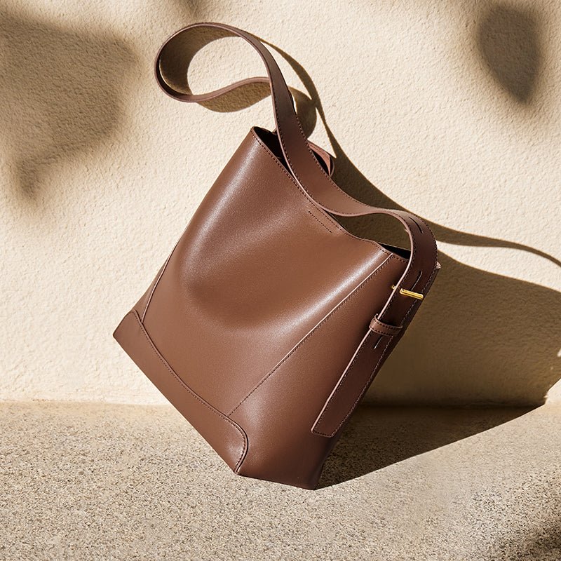 Luxe Genuine Leather Bucket Tote Shoulder Bag