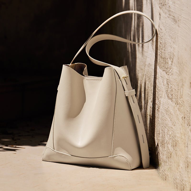 Luxe Genuine Leather Bucket Tote Shoulder Bag