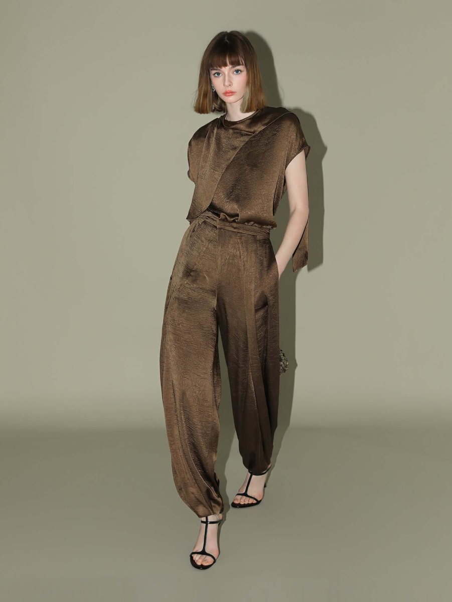 luxurious brown satin high waist pleated pants all brown 1