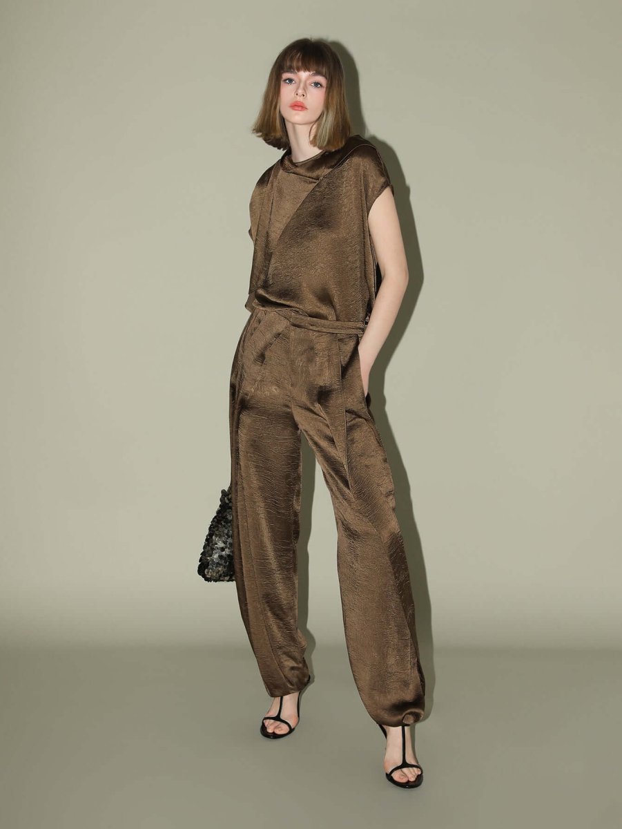 luxurious brown satin high waist pleated pants all brown 3