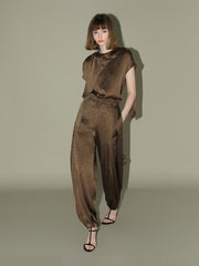 Luxurious Brown Satin High Waist Pleated Pants