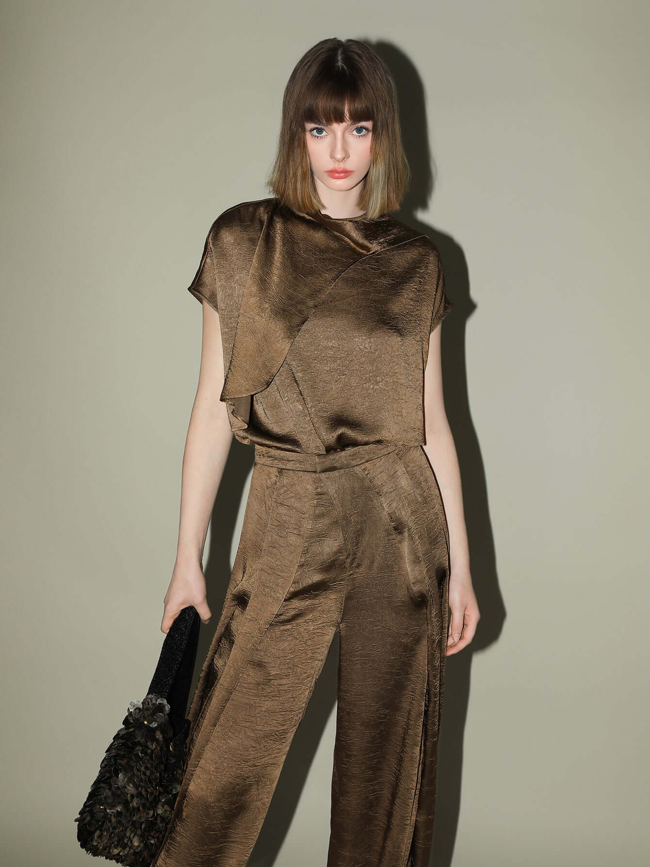 luxurious brown satin high waist pleated pants all brown 2