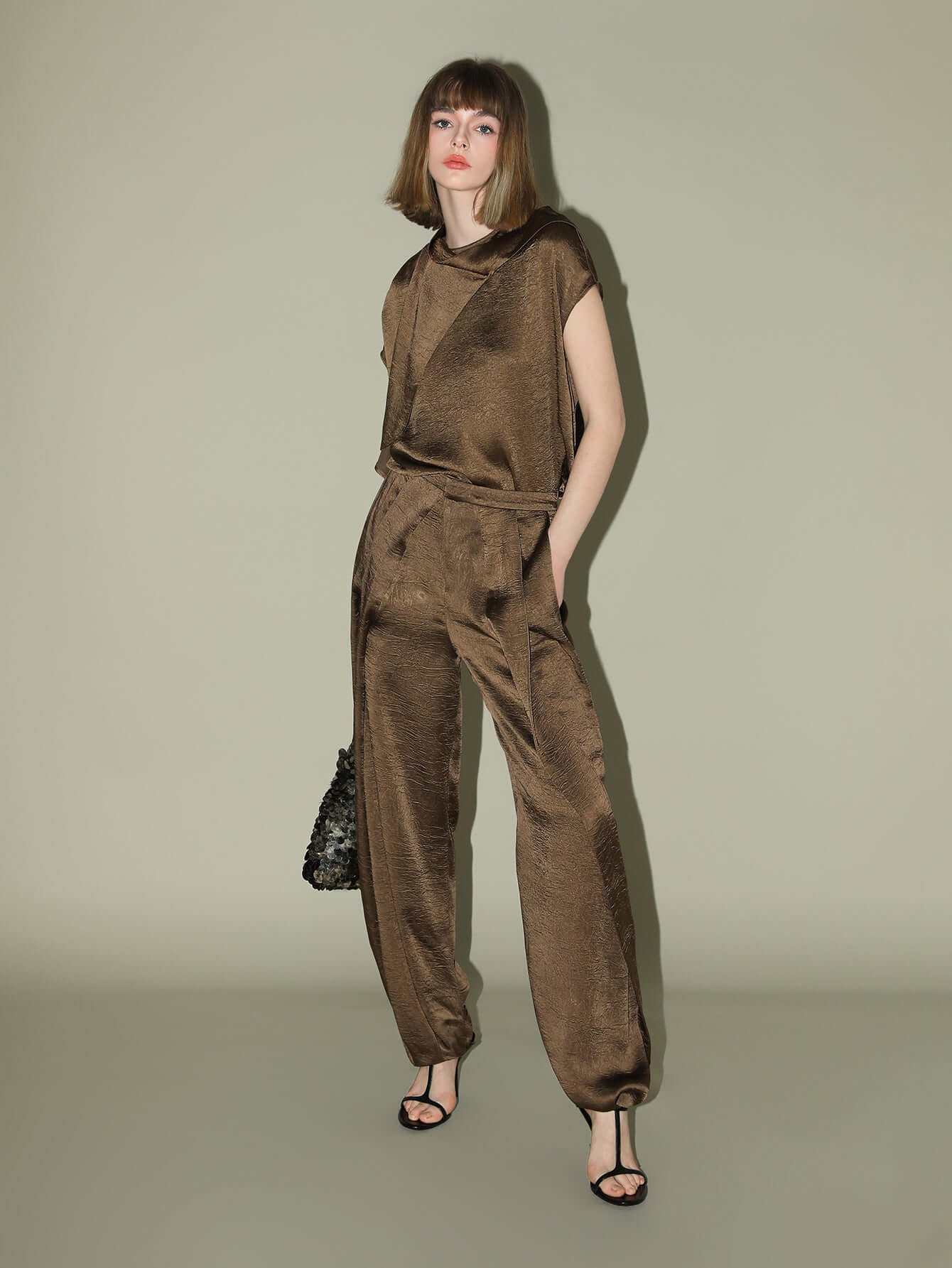 luxurious brown satin high waist pleated pants all brown 3