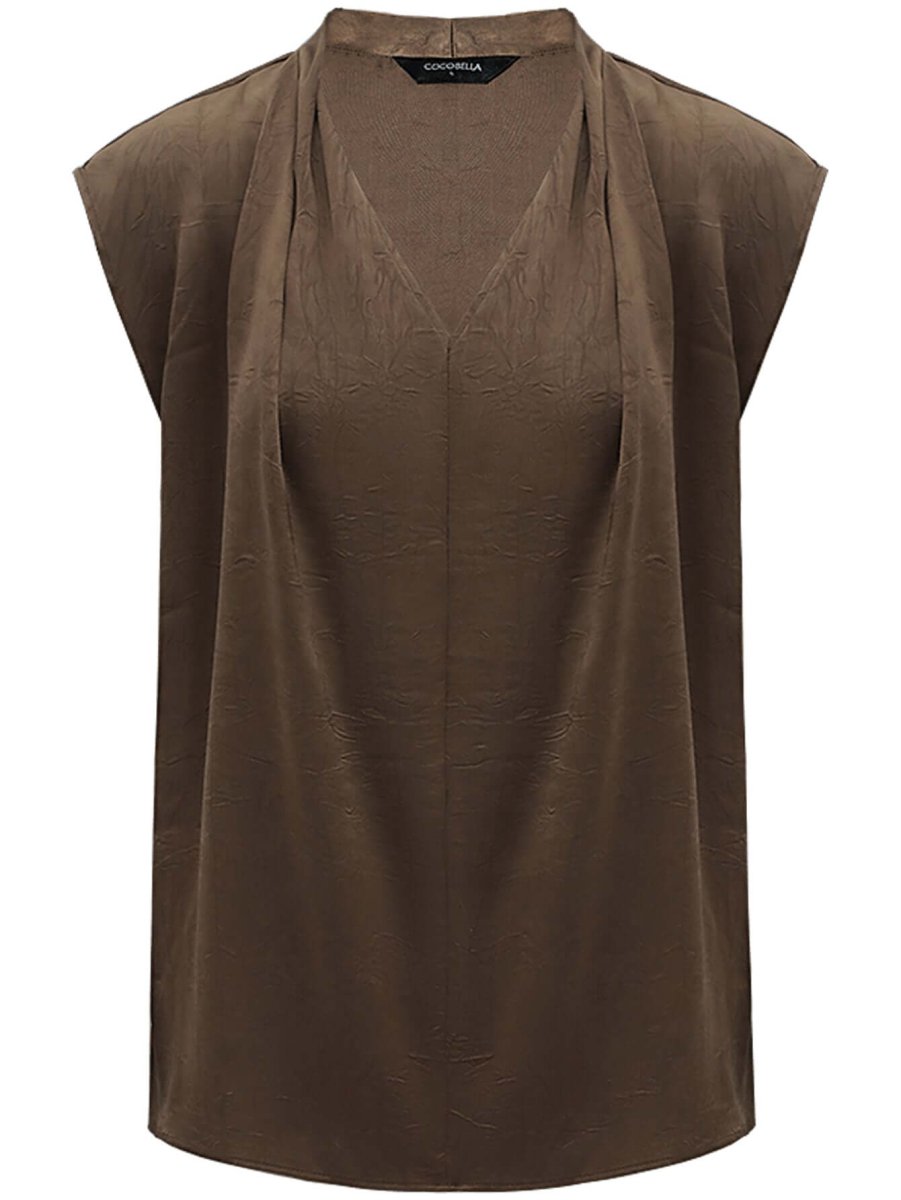 Luxurious Brown Satin Sleeveless V - Neck Top - 0cm