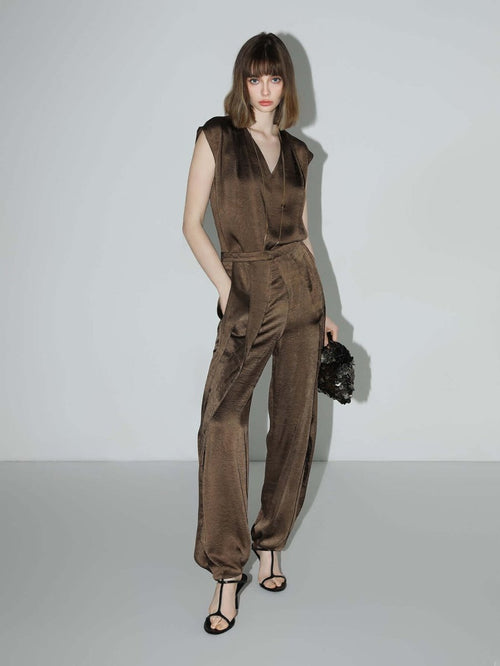 Luxurious Brown Satin Sleeveless V - Neck Top - 0cm