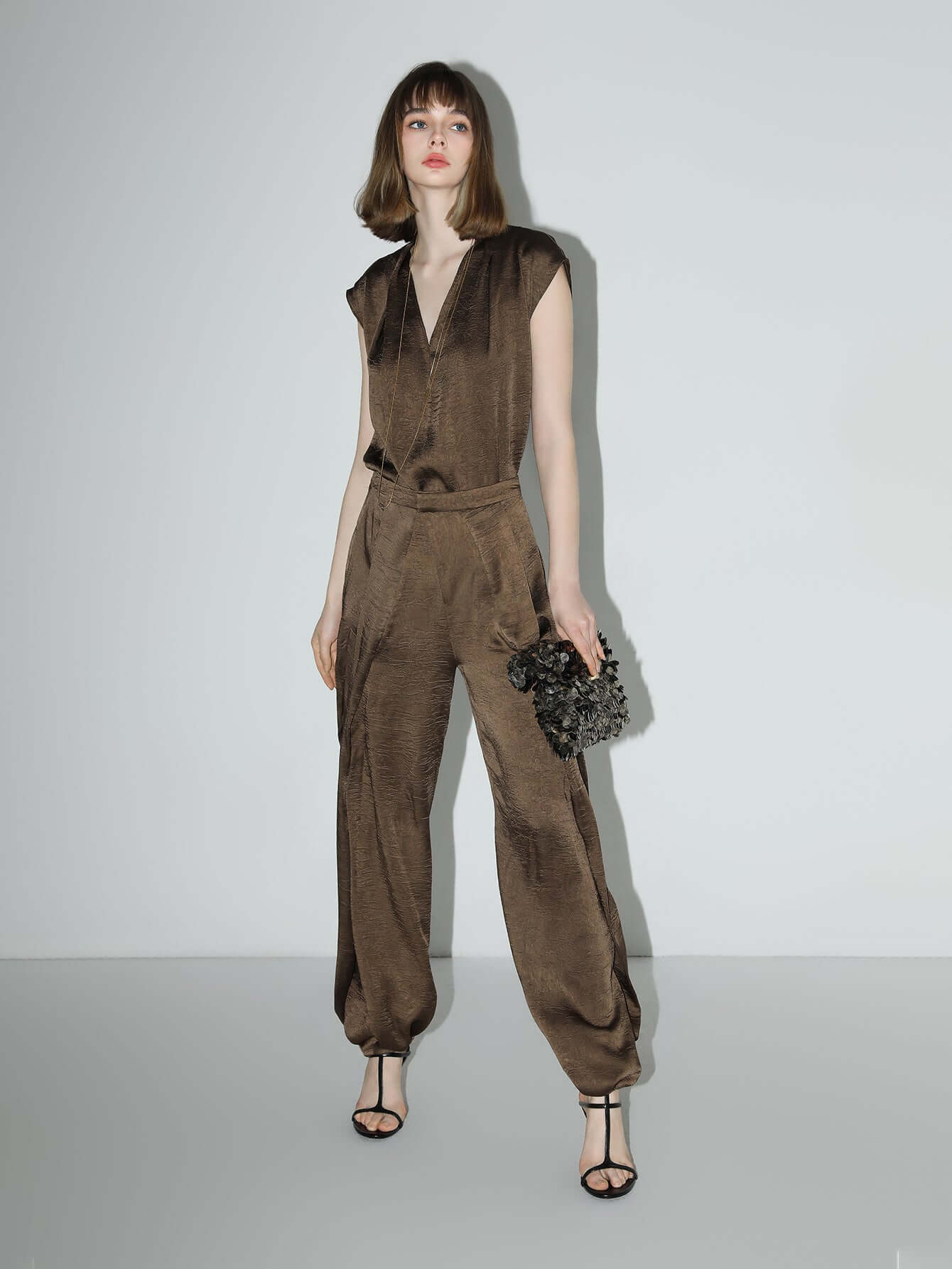 luxurious brown satin sleeveless v neck top all brown 2