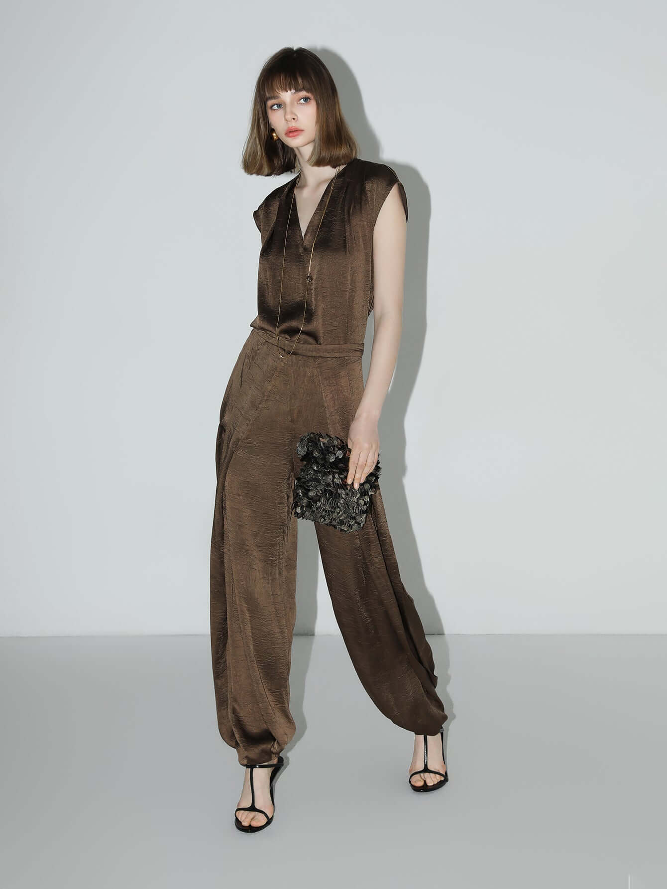 luxurious brown satin sleeveless v neck top all brown 3