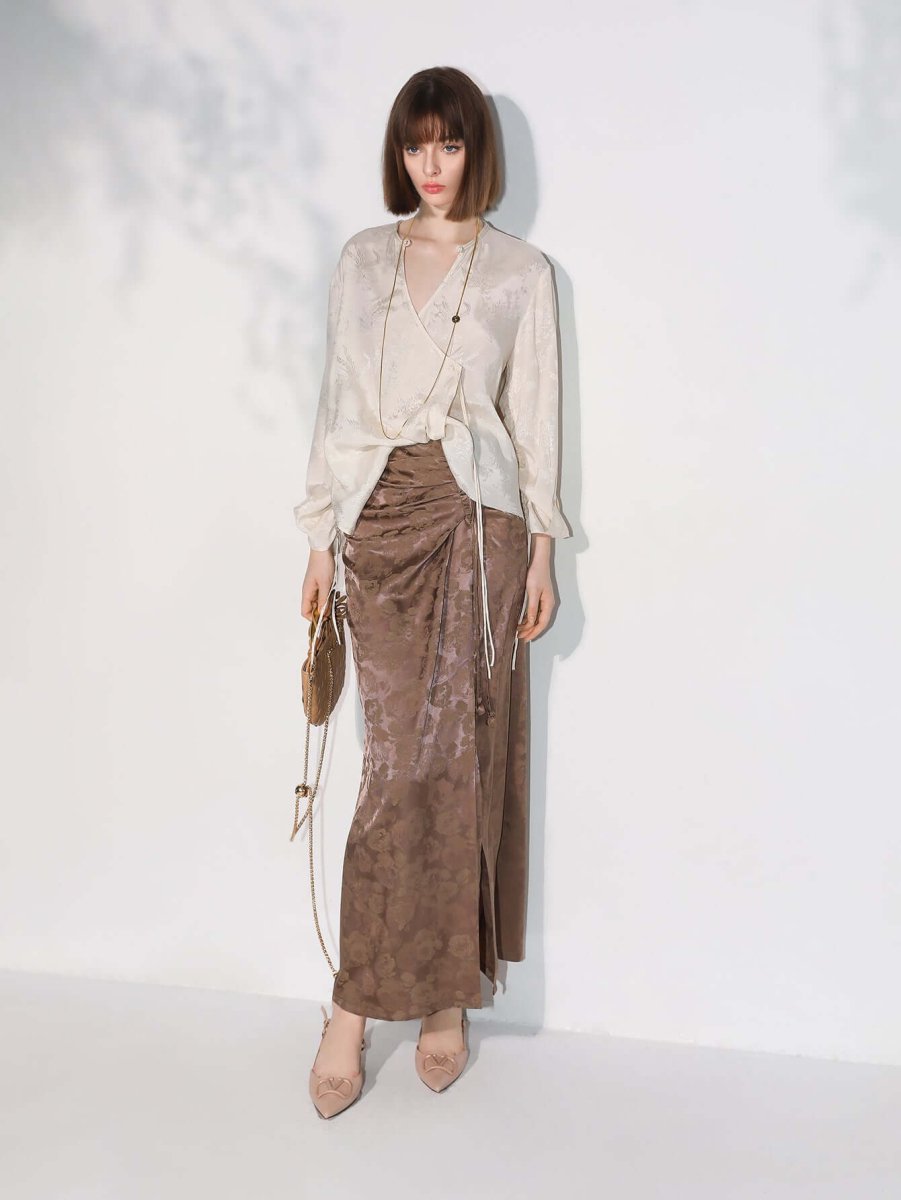 Luxurious Jacquard Draping Brown Silk Satin Skirt - 0cm