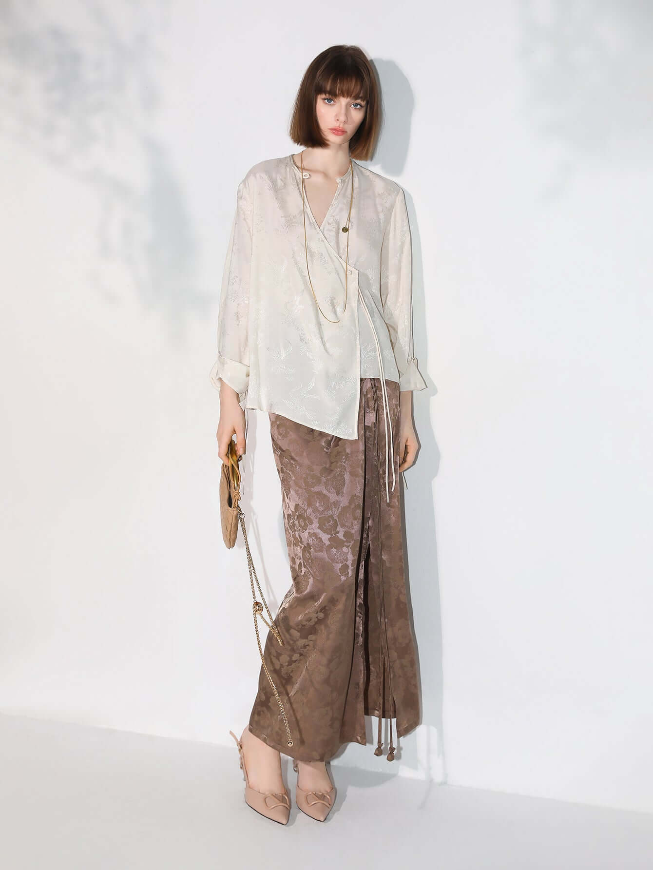 luxurious jacquard draping brown silk satin skirt all brown 1