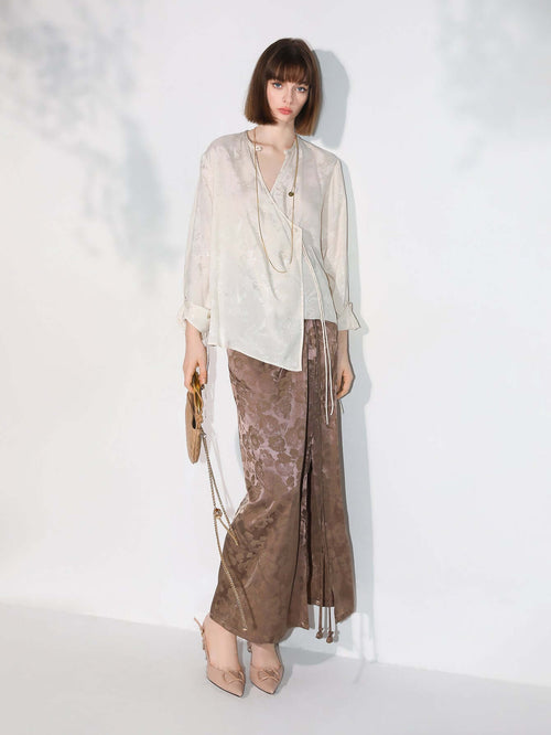 luxurious jacquard draping brown silk satin skirt all brown 1