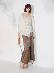 Luxurious Jacquard Draping Brown Silk Satin Skirt