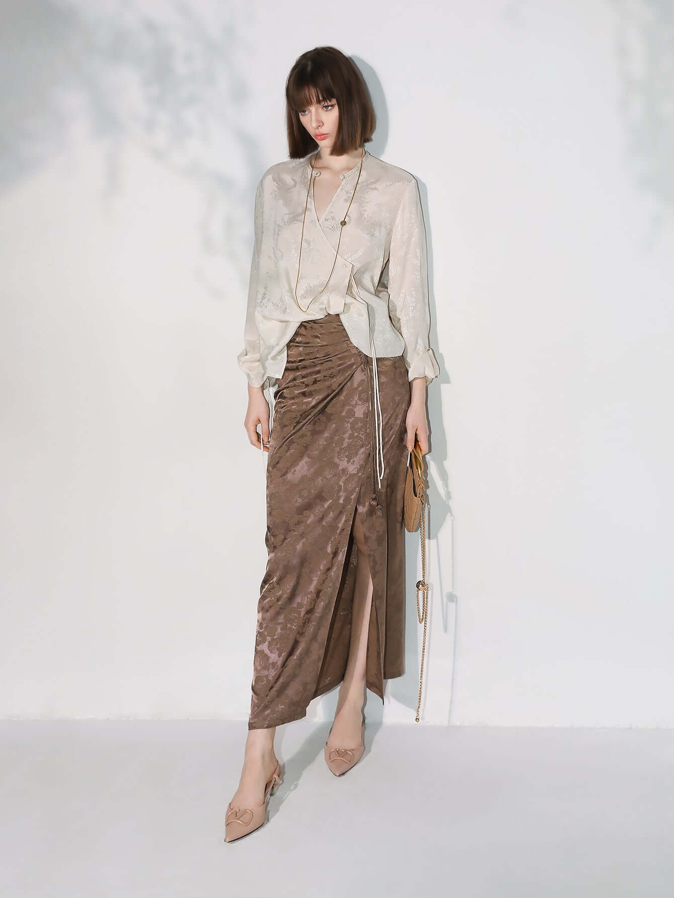 luxurious jacquard draping brown silk satin skirt all brown 2