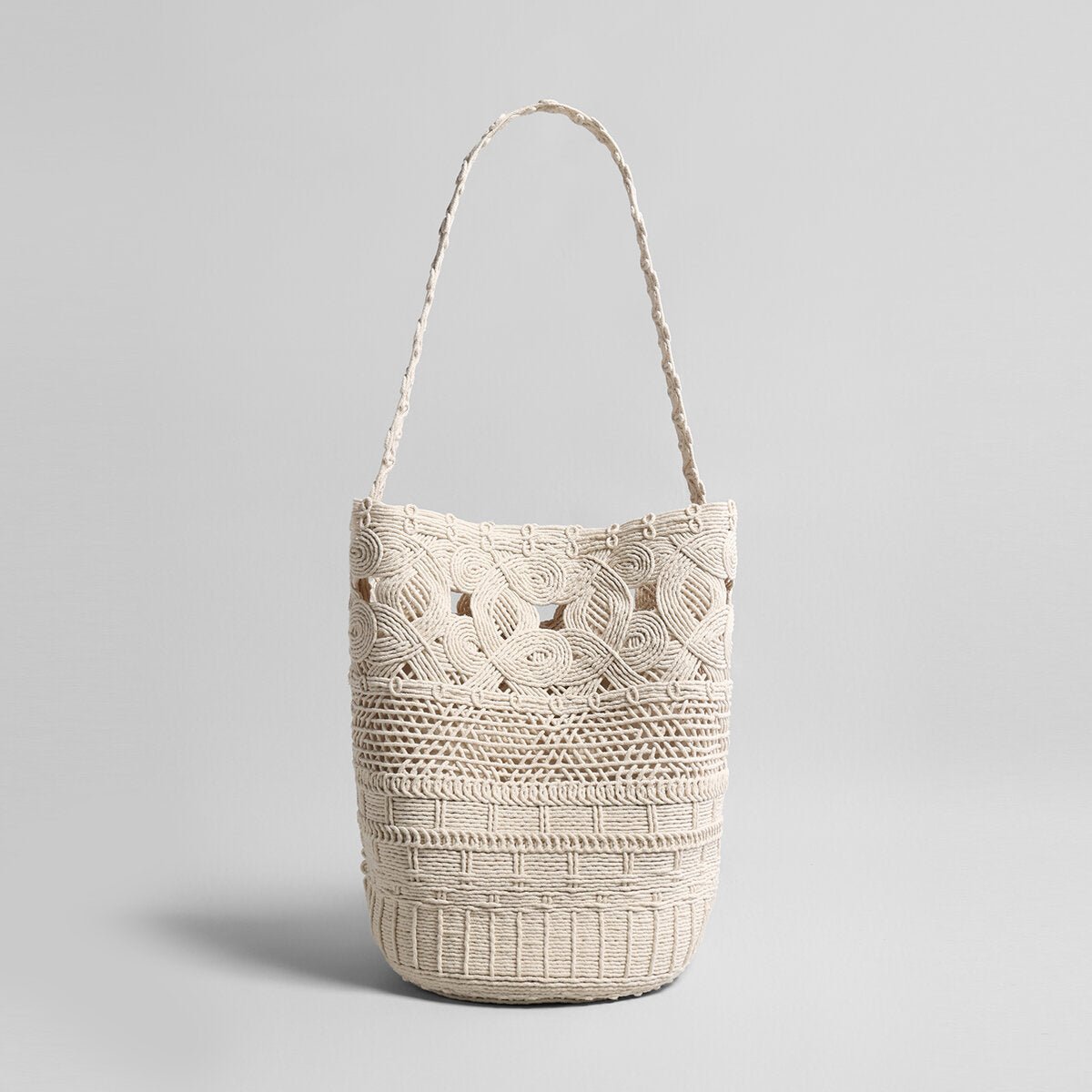 Handwoven Macrame Bucket Bag – Cotton Rope Shoulder Tote with Drawstring Inner Pouch