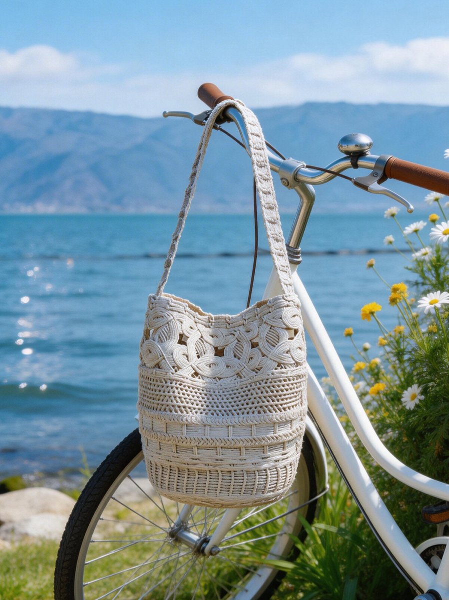 Handwoven Macrame Bucket Bag – Cotton Rope Shoulder Tote with Drawstring Inner Pouch