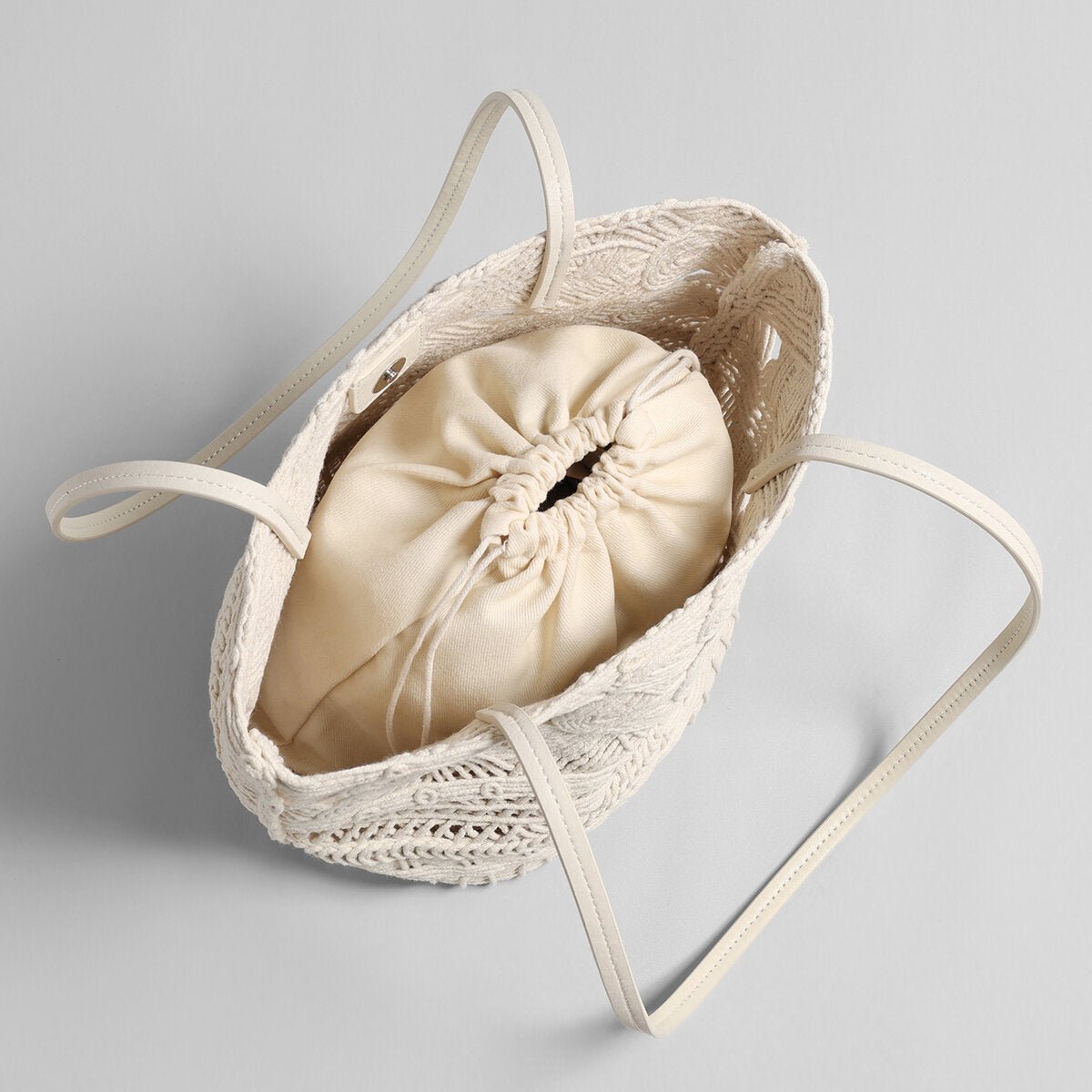 Macramé Open-Weave Tote Bag – Handcrafted Cotton Rope Shoulder Bag with Drawstring Liner