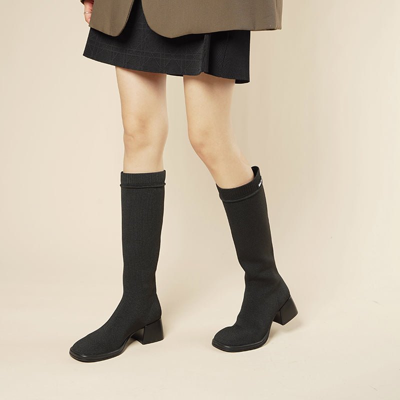 mademoiselle round toe knee high sock boots all black 6