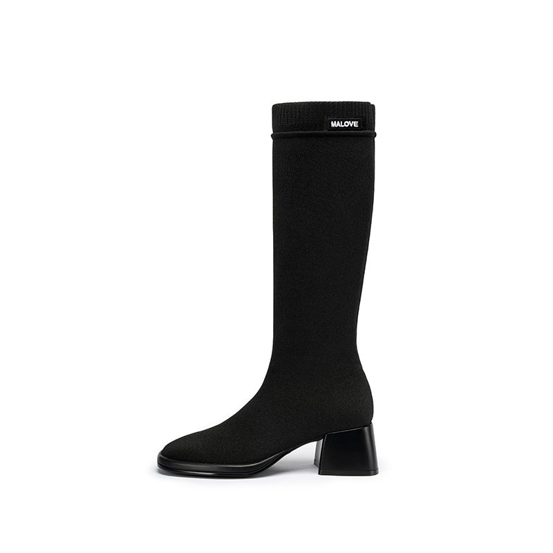 mademoiselle round toe knee high sock boots all black 1